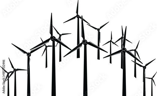 Black Silhouette Wind Turbines on White Background Generating Renewable Energy from Wind Power Sustainable Electric Supply Concept Vector Illustration.