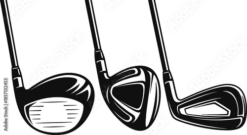Black silhouettes of golf club heads, including driver, wood, and iron clubs, essential equipment for playing the sport of golf vector illustration set