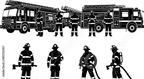 Black silhouettes of fire trucks, fire engines, and professional firefighters in gear holding axes and hoses, emergency services vector illustration set