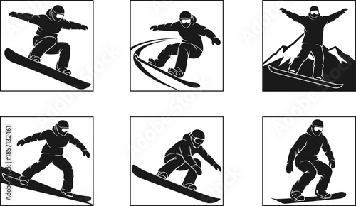 various yoga poses on a surfboard or paddleboard, depicting wellness, fitness, exercise, and balancing on water for recreation and health.