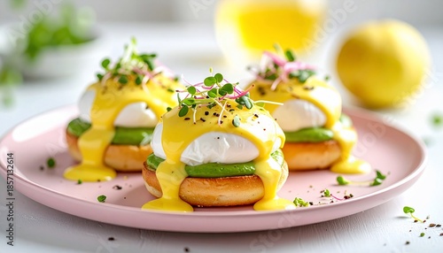 Delicious Eggs Benedict on a pink plate with hollandaise sauce and garnishes