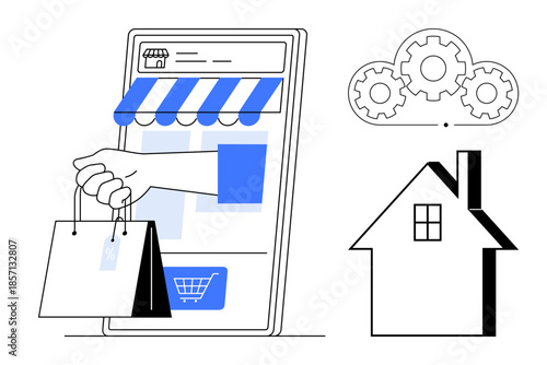 E-commerce, online retail, delivery services, shopping technology, consumer convenience, home-based business. Smartphone screen with shopping bag, house icon and gears. E-commerce and online retail