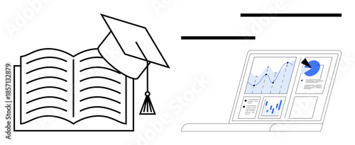 Online learning, higher education, data analysis, knowledge sharing, research, digital tools. Open book with graduation cap, laptop displaying charts. Online learning and higher education concept
