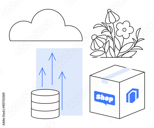 E-commerce, cloud storage, logistics, online shopping, sustainability, digital growth. Cloud, data visualization flowers and shipping box with icons. E-commerce and cloud storage concept