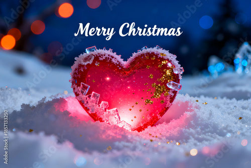 Glowing Red Glass Heart in Winter Snow with Merry Christmas Text