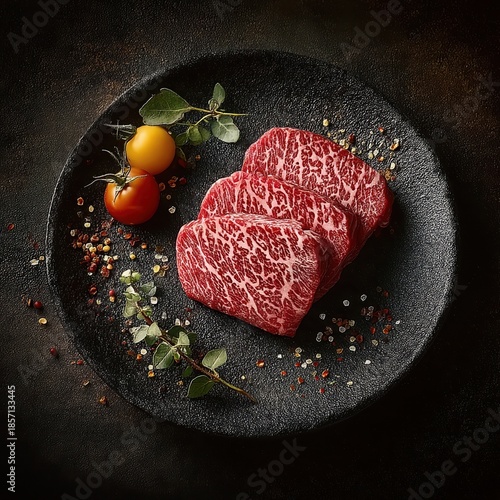 Three raw richly marbled beef steaks on a dark textured plate garnished with cherry tomatoes fresh herbs and spices