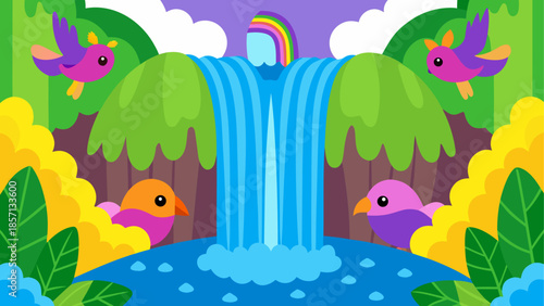 Vibrant forest waterfall with colorful birds
