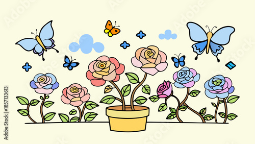 Colorful roses and butterflies in a pot
