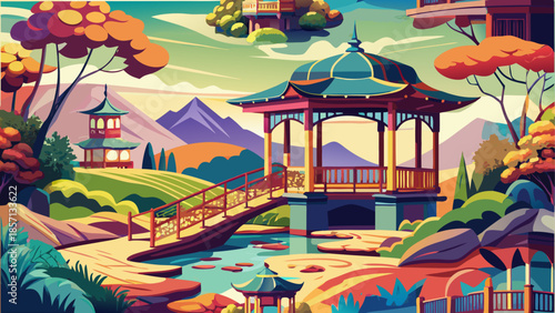 Serene asian garden landscape with pavilion