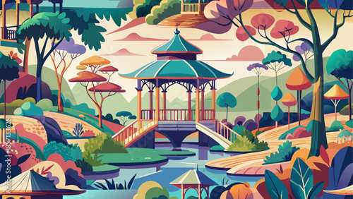 Serene japanese garden with gazebo