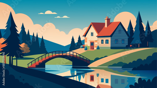 Serene countryside bridge and house