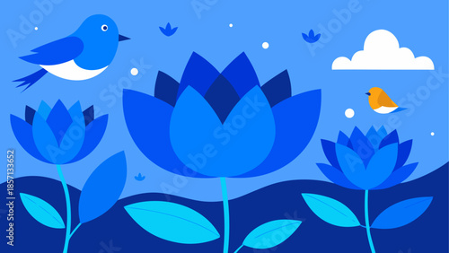 Serene blue birds and flowers