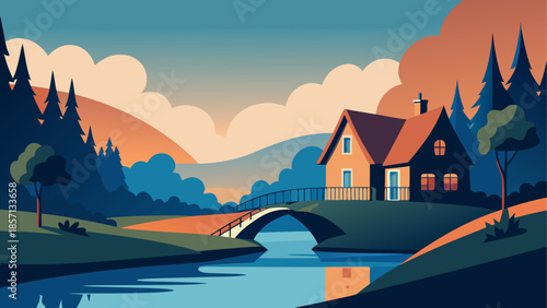 Peaceful mountain cabin by a river