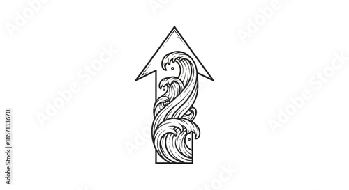 Stylized arrow pointing upward with an ocean wave motif inside a minimalistic black and white