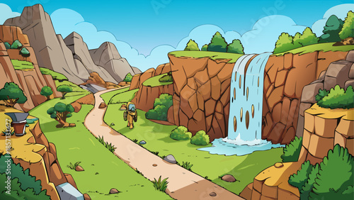 Adventurers exploring a lush canyon with waterfall