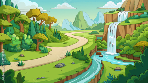 Serene forest waterfall landscape