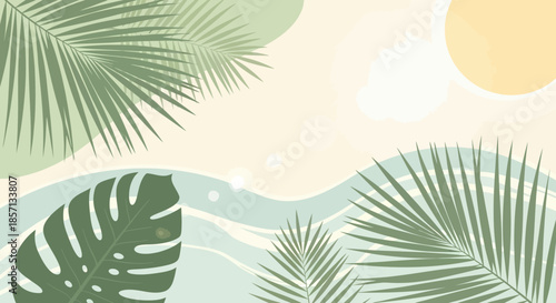 Serene tropical landscape with lush palm leaves, gentle waves, and warm sunlight evoking tranquility