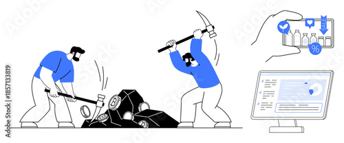 Cryptocurrency, blockchain technology, digital currency, finance, investment, data analytics. Workers mining cryptocurrency with tools, computer screen with analytics, and a mobile payment