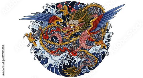 Traditional Japanese Irezumi Dragon Tattoo Artwork Featuring Dynamic Waves and Mythical Creature