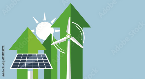 illustration of renewable energy sources including solar panels wind turbines and sun with upward