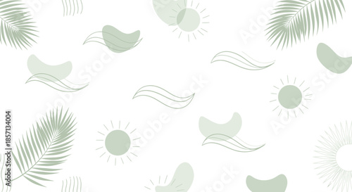 Minimalist Tropical Summer Pattern Featuring Palm Leaves Sun Icons and Waves