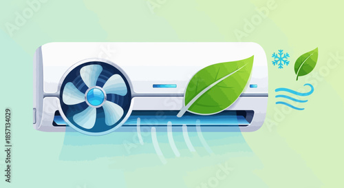 environmentally friendly air conditioning unit featuring leaves and snowflake symbols emphasizing