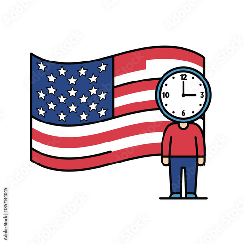 Clock Head Man Standing Beside USA Flag