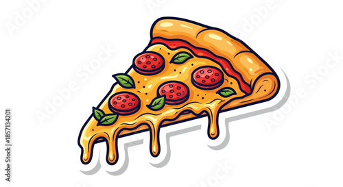 Delicious cartoon pepperoni and cheese pizza slice with melted cheese and toppings