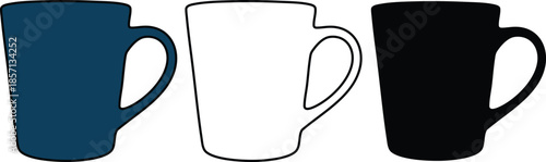 Vector illustration of Three Simple Minimalist Mugs in Blue White and Black hand  made