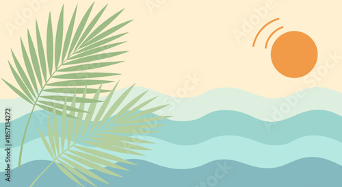 Minimalist Illustration of Palm Leaves and Sunshine Over Wavy Water Surface