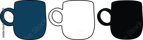 Vector illustration of Three Modern Coffee Mugs in Blue White and Black Flat Style hand  made