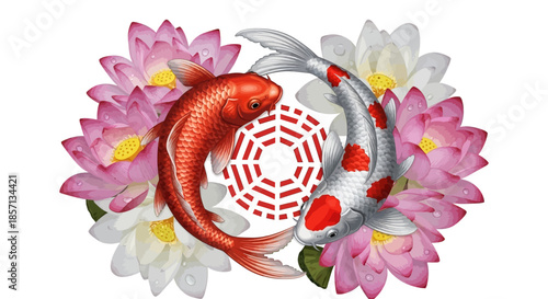 Beautiful koi fish swimming among pink and white lotus flowers art illustration