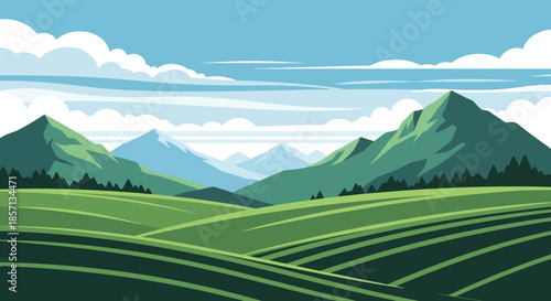 Serene Landscape of Rolling Green Hills and Majestic Mountain Ranges Under a Clear Sky