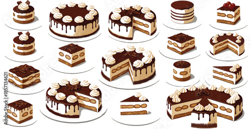 Extensive collection of tiramisu cake vectors featuring whole cakes slices and squares with cocoa powder whipped cream and chocolate drippings for bakery menus.