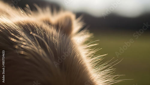 밝은 자연광을 받아 강아지의 털 결 하나하나가 반짝이며 빛나는 클로즈업