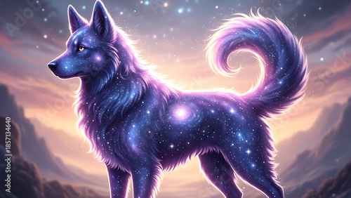 우주 배경 속에 앉아 있는 판타지 강아지