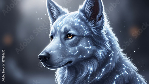 우주 배경 속에 앉아 있는 판타지 강아지