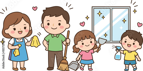 Cartoon family cleaning together, cheerful teamwork, household chores, happy parents and kids, spray bottle, broom, dustpan, sparkles