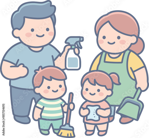 Cartoon family cleaning together, teamwork in household chores, cheerful kids and parents, home hygiene, collaborative cleaning, happy illustration
