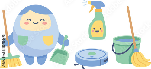 Cartoon cleaning character with broom, dustpan, smiling tools, spray bottle, robotic vacuum, mop, bucket, cheerful hygiene concept