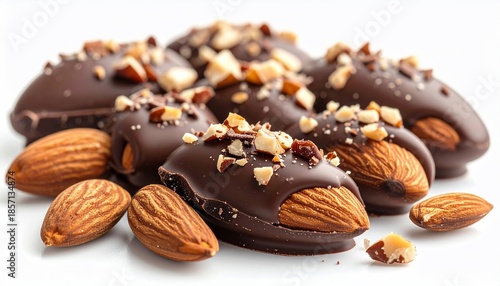 Close-up of almond candies coated in rich chocolate, garnished with chopped nuts