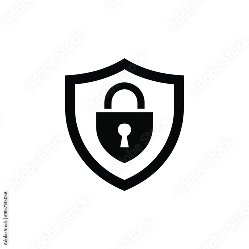 Black shield icon with a padlock inside symbolizing security and protection