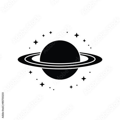 A simple black and white illustration of saturn with surrounding stars