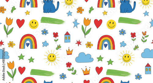Seamless hand-drawn doodle pattern featuring happy suns rainbows blue cats red hearts and colorful flowers for nursery wallpaper kids textile and stationary design.