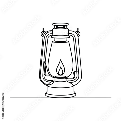 A simple line drawing depicts an old fashioned kerosene lantern with a flame