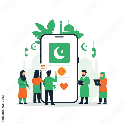 Islamic charity donation illustration with people using mobile app, zakat and sadaqah concept. Flat 2D green vector design for Ramadan, fundraising, Islamic finance and charity app.