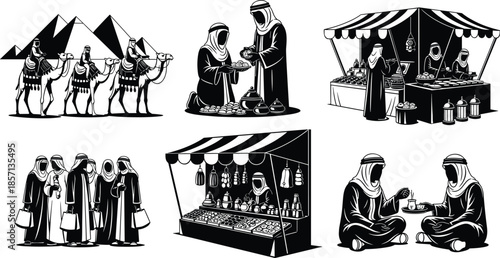 Black and white illustrations of Arab people with camels at pyramids and traditional markets for Middle Eastern culture and travel