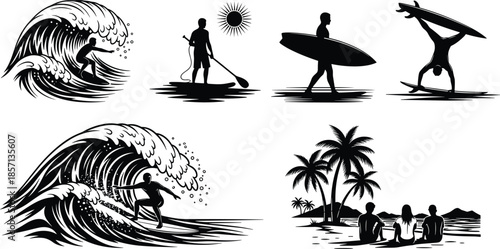 Black and white illustrations of surfers riding waves paddle boarding and people sitting on beach with palm trees for summer