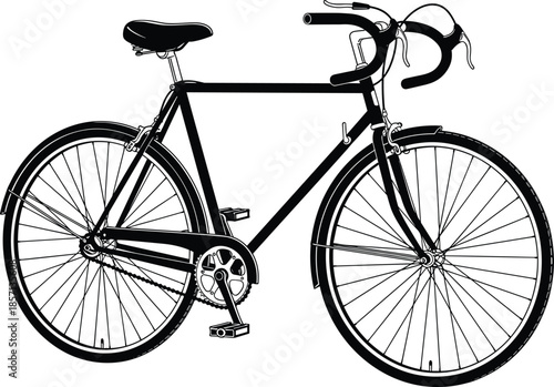 Black and white road bike illustration, vintage racing bicycle silhouette, classic cycling vector icon, sports equipment for outdoor fitness and transportation