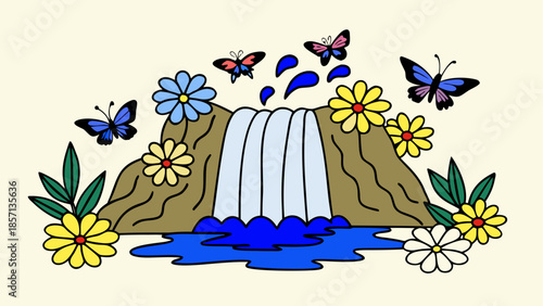 Serene waterfall surrounded by butterflies and flowers